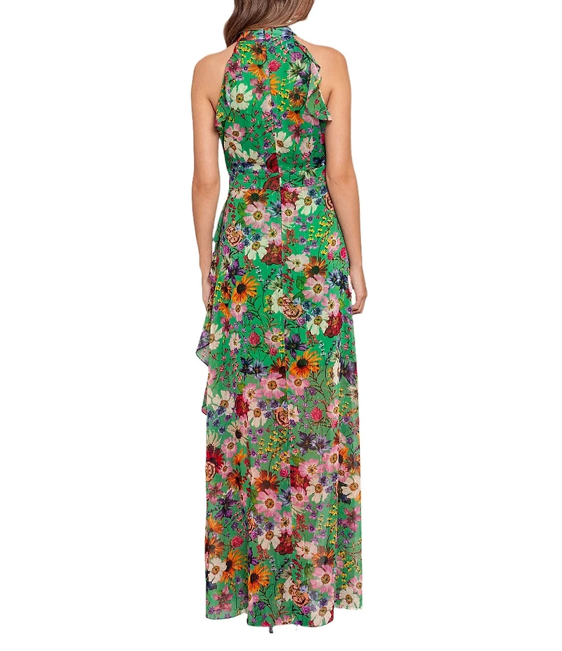 Betsy & Adam Halter Neck Sleeveless Ruffle Front Floral Chiffon Maxi Dress