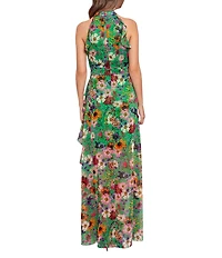 Betsy & Adam Halter Neck Sleeveless Ruffle Front Floral Chiffon Maxi Dress