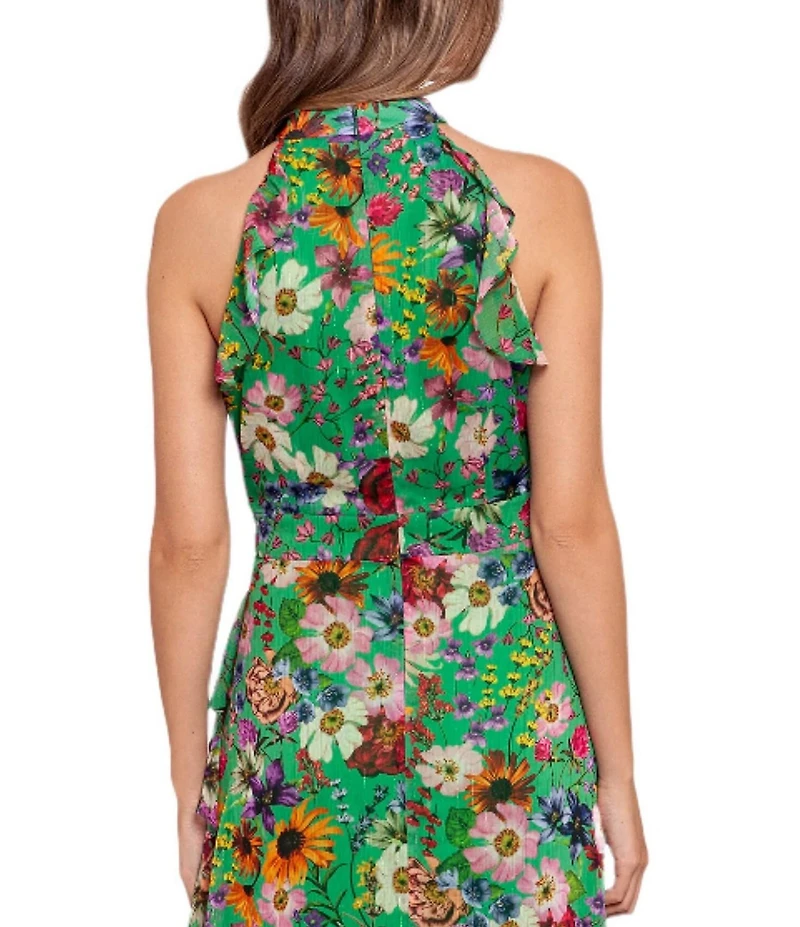 Betsy & Adam Halter Neck Sleeveless Ruffle Front Floral Chiffon Maxi Dress
