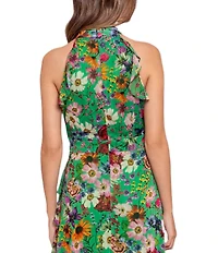 Betsy & Adam Halter Neck Sleeveless Ruffle Front Floral Chiffon Maxi Dress