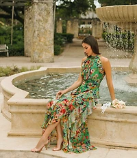 Betsy & Adam Halter Neck Sleeveless Ruffle Front Floral Chiffon Maxi Dress
