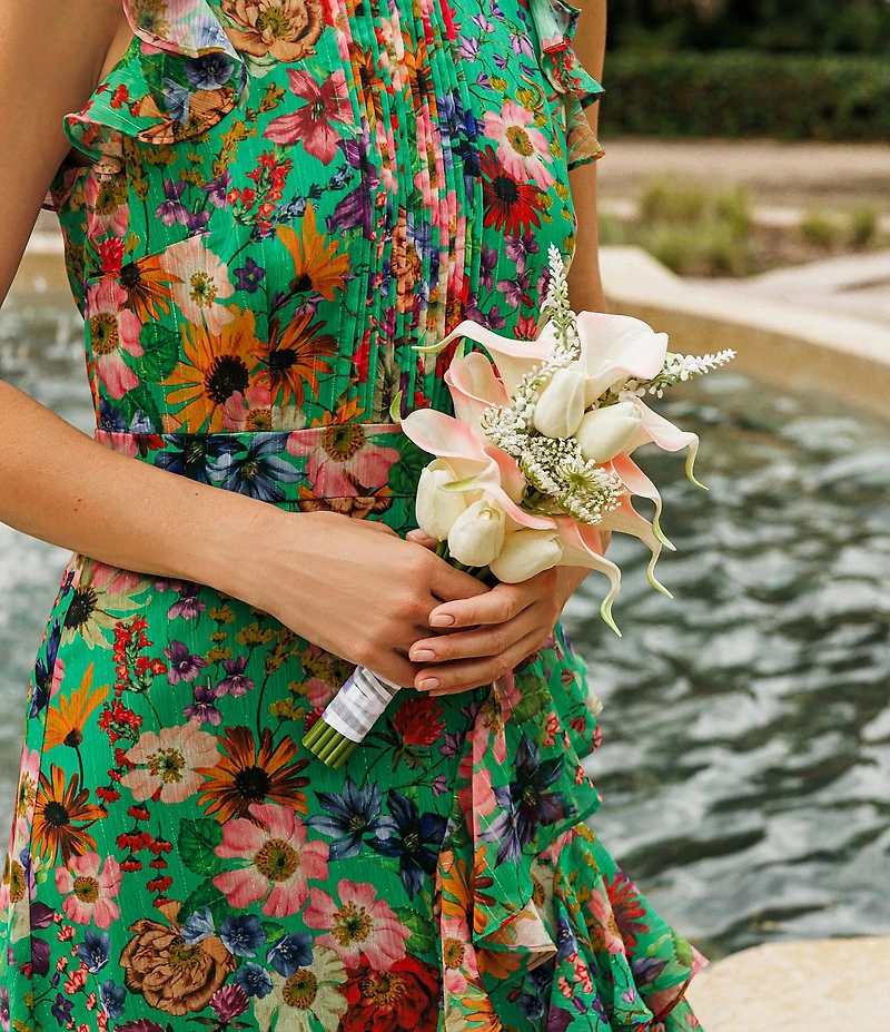 Betsy & Adam Halter Neck Sleeveless Ruffle Front Floral Chiffon Maxi Dress
