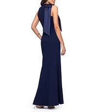 Betsy & Adam Halter Scuba Crepe Gown With Mikado Bow