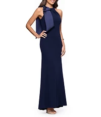 Betsy & Adam Halter Scuba Crepe Gown With Mikado Bow