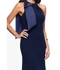 Betsy & Adam Halter Scuba Crepe Gown With Mikado Bow