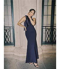 Betsy & Adam Halter Scuba Crepe Gown With Mikado Bow