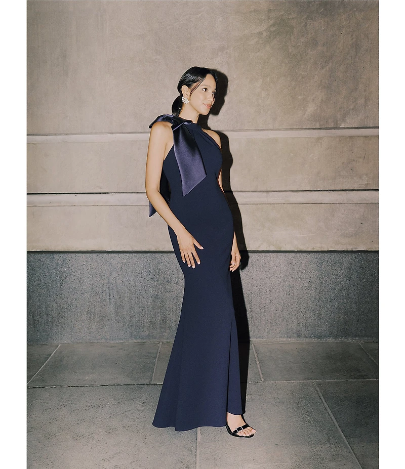 Betsy & Adam Halter Scuba Crepe Gown With Mikado Bow