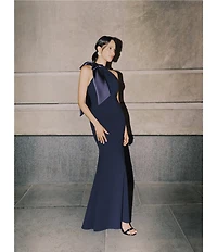 Betsy & Adam Halter Scuba Crepe Gown With Mikado Bow