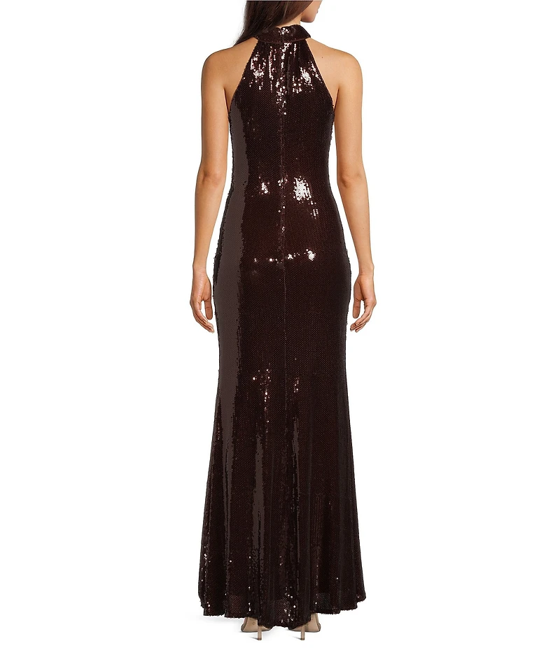 Betsy & Adam Halter Sequin Sheath Gown
