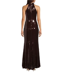 Betsy & Adam Halter Sequin Sheath Gown