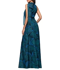 Betsy & Adam Halter Tie Neck Palm Print Shimmer Chiffon Sleeveless Maxi Dress