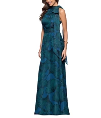 Betsy & Adam Halter Tie Neck Palm Print Shimmer Chiffon Sleeveless Maxi Dress