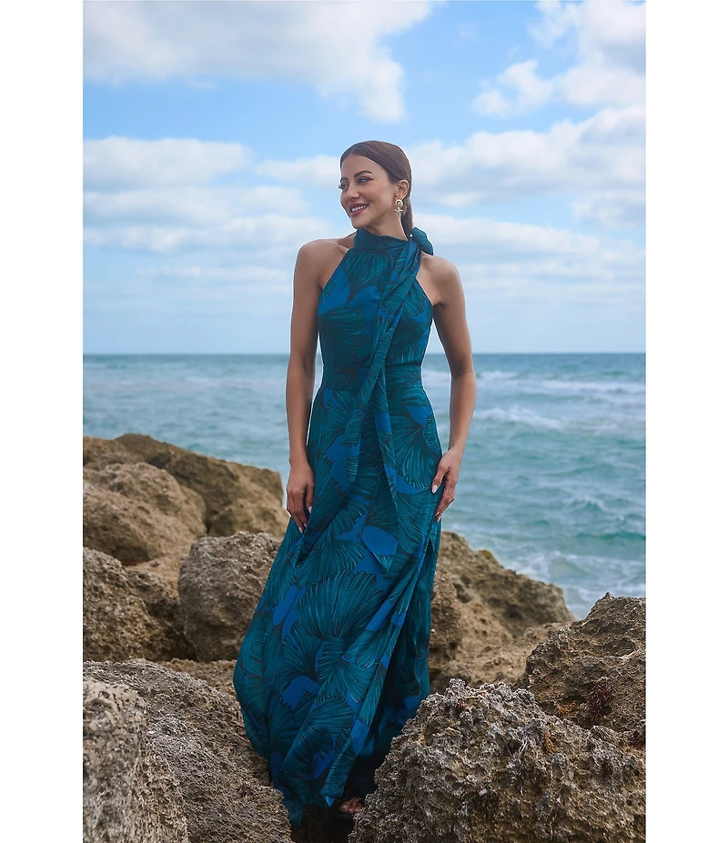 Betsy & Adam Halter Tie Neck Palm Print Shimmer Chiffon Sleeveless Maxi Dress