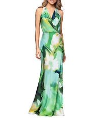 Betsy & Adam Hammered Satin Printed V Neck Long Dress