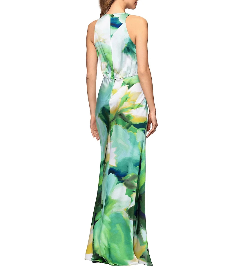 Betsy & Adam Hammered Satin Printed V Neck Long Dress