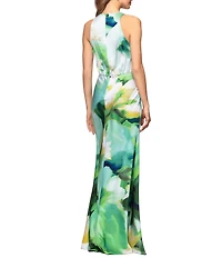 Betsy & Adam Hammered Satin Printed V Neck Long Dress
