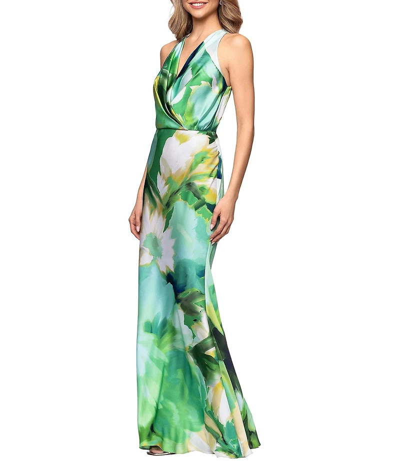 Betsy & Adam Hammered Satin Printed V Neck Long Dress