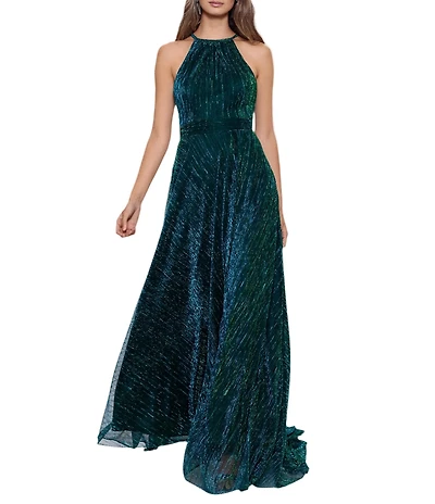 Betsy & Adam Hater Neck Pleated Metallic Flowy Gown