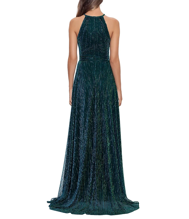 Betsy & Adam Hater Neck Pleated Metallic Flowy Gown