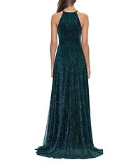 Betsy & Adam Hater Neck Pleated Metallic Flowy Gown