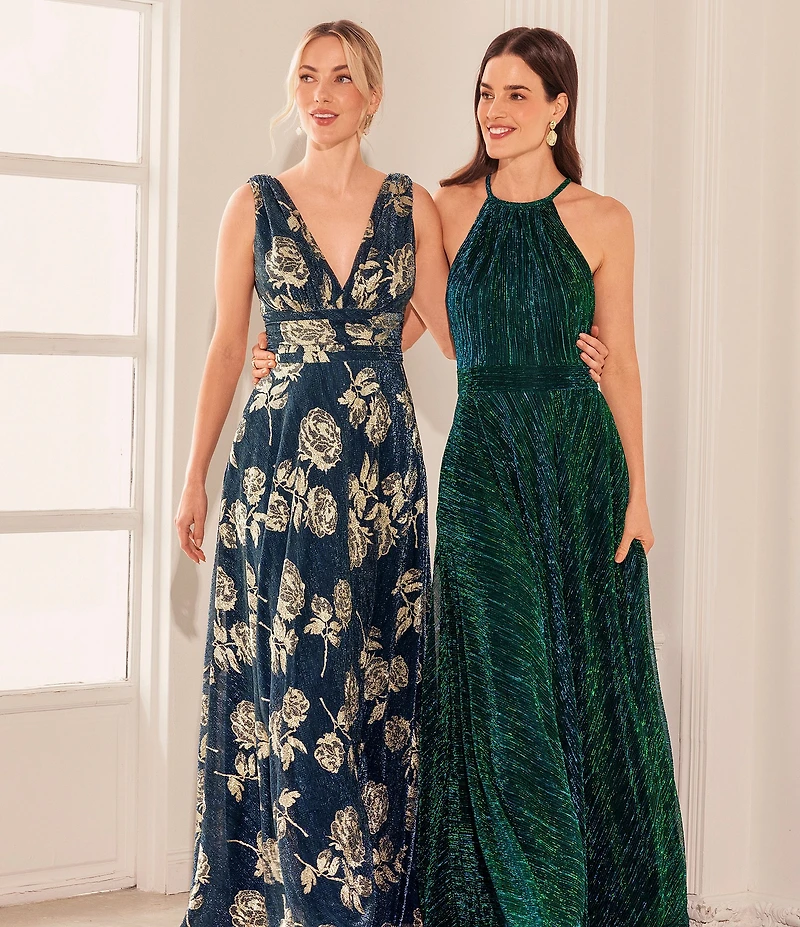 Betsy & Adam Hater Neck Pleated Metallic Flowy Gown