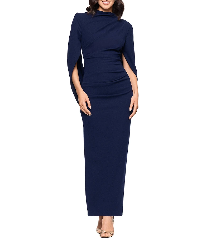 Betsy & Adam High Neck Ruched Dress With Cape Back Sleeves