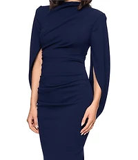 Betsy & Adam High Neck Ruched Dress With Cape Back Sleeves
