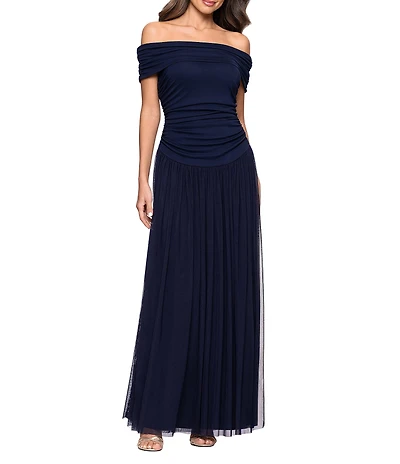 Betsy & Adam Jersey Drop Waist Ruched Off-The-Shoulder Pleated Gown