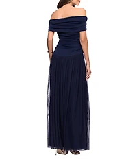 Betsy & Adam Jersey Drop Waist Ruched Off-The-Shoulder Pleated Gown