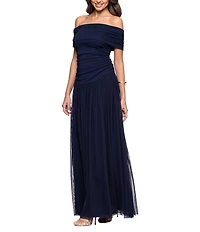 Betsy & Adam Jersey Drop Waist Ruched Off-The-Shoulder Pleated Gown