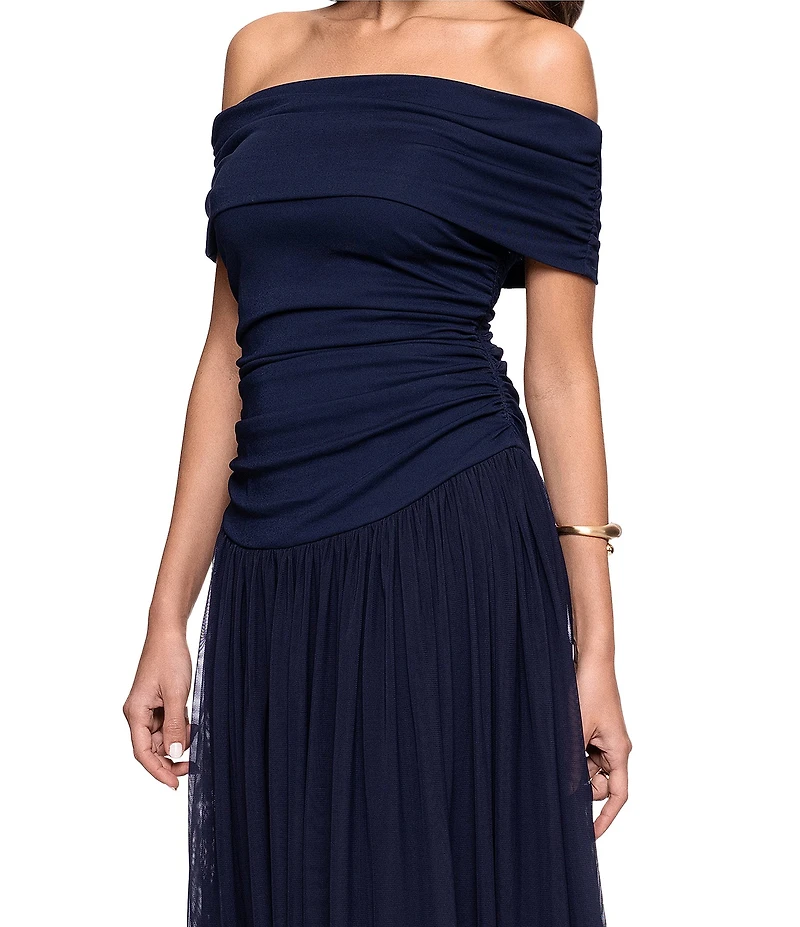 Betsy & Adam Jersey Drop Waist Ruched Off-The-Shoulder Pleated Gown