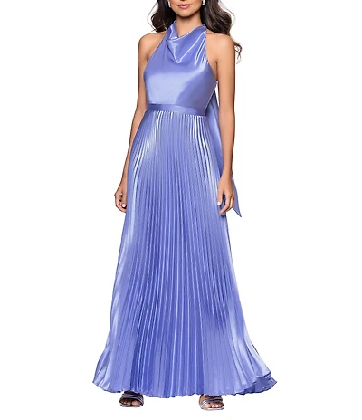 Betsy & Adam Long Charmeuse Cowl Halter Neck Sleeveless Pleated Dress