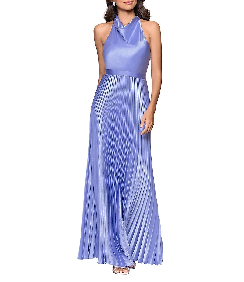 Betsy & Adam Long Charmeuse Cowl Halter Neck Sleeveless Pleated Dress