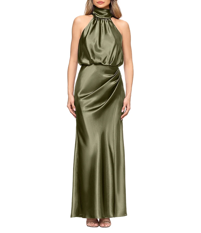 Betsy & Adam Long Charmeuse Tie Neck Blouson Gown