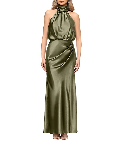 Betsy & Adam Long Charmeuse Tie Neck Blouson Gown