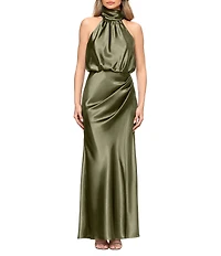 Betsy & Adam Long Charmeuse Tie Neck Blouson Gown