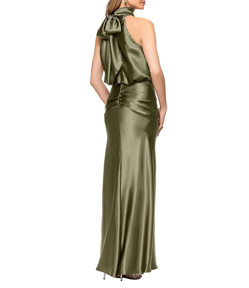 Betsy & Adam Long Charmeuse Tie Neck Blouson Gown