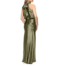 Betsy & Adam Long Charmeuse Tie Neck Blouson Gown