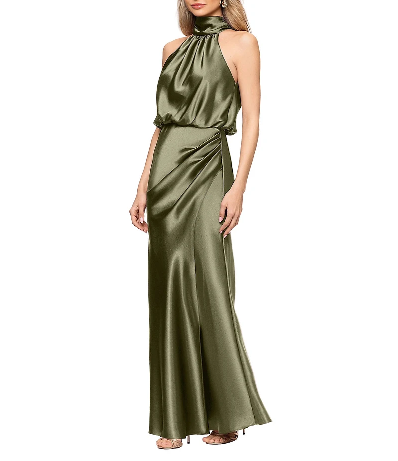Betsy & Adam Long Charmeuse Tie Neck Blouson Gown