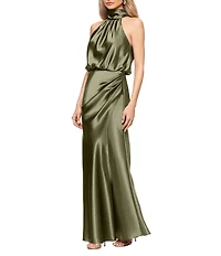Betsy & Adam Long Charmeuse Tie Neck Blouson Gown