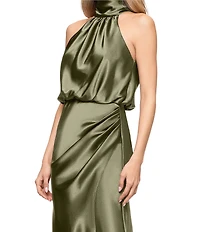 Betsy & Adam Long Charmeuse Tie Neck Blouson Gown