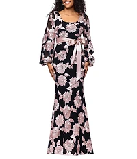 Betsy & Adam Long Flare Sleeve U-Neckline Soutache Floral Sheath Dress