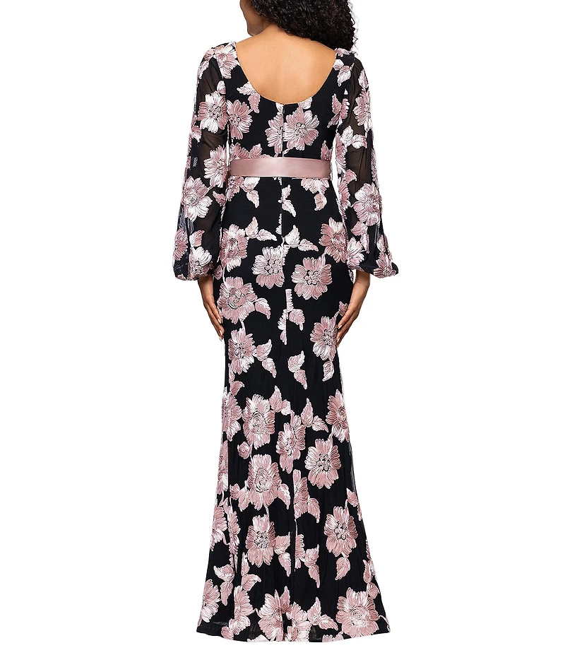 Betsy & Adam Long Flare Sleeve U-Neckline Soutache Floral Sheath Dress