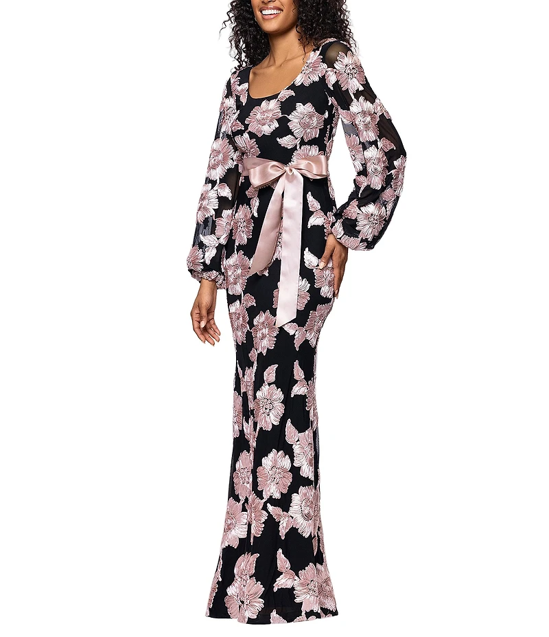 Betsy & Adam Long Flare Sleeve U-Neckline Soutache Floral Sheath Dress