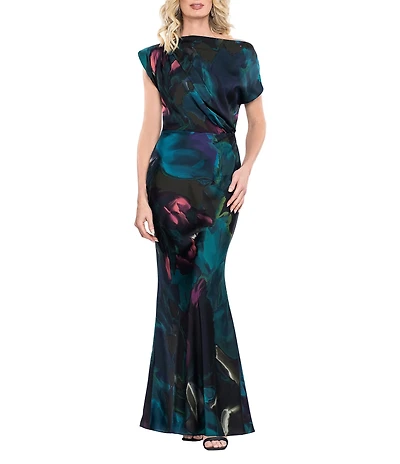 Betsy & Adam Long Hammered Satin Abstract Print Dress