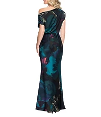 Betsy & Adam Long Hammered Satin Abstract Print Dress