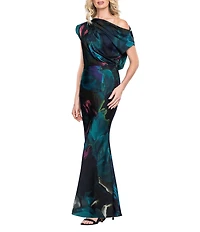 Betsy & Adam Long Hammered Satin Abstract Print Dress