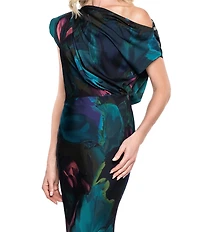 Betsy & Adam Long Hammered Satin Abstract Print Dress