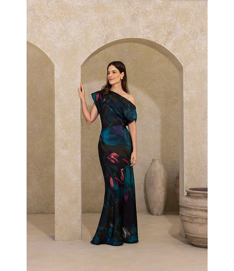 Betsy & Adam Long Hammered Satin Abstract Print Dress