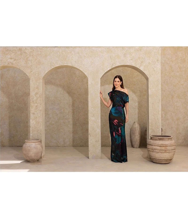 Betsy & Adam Long Hammered Satin Abstract Print Dress